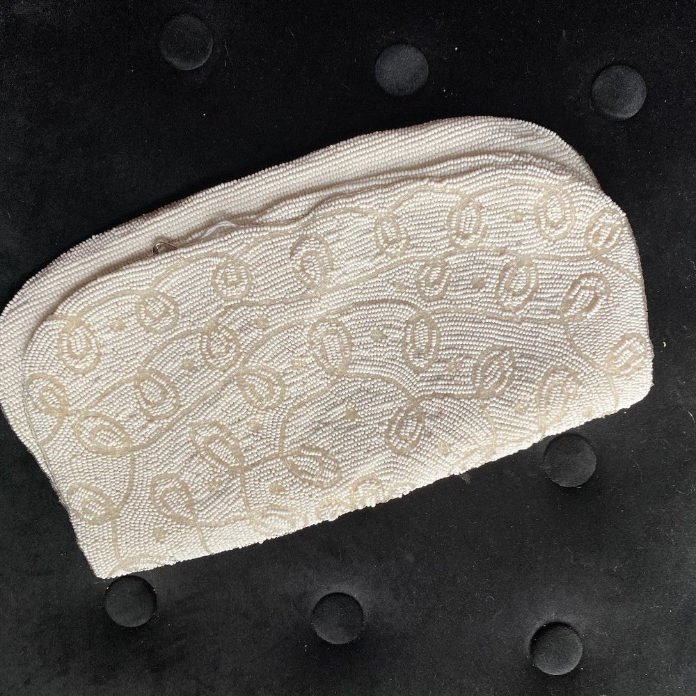 Vintage Beaded Foldover Purse Clutch White Heavy